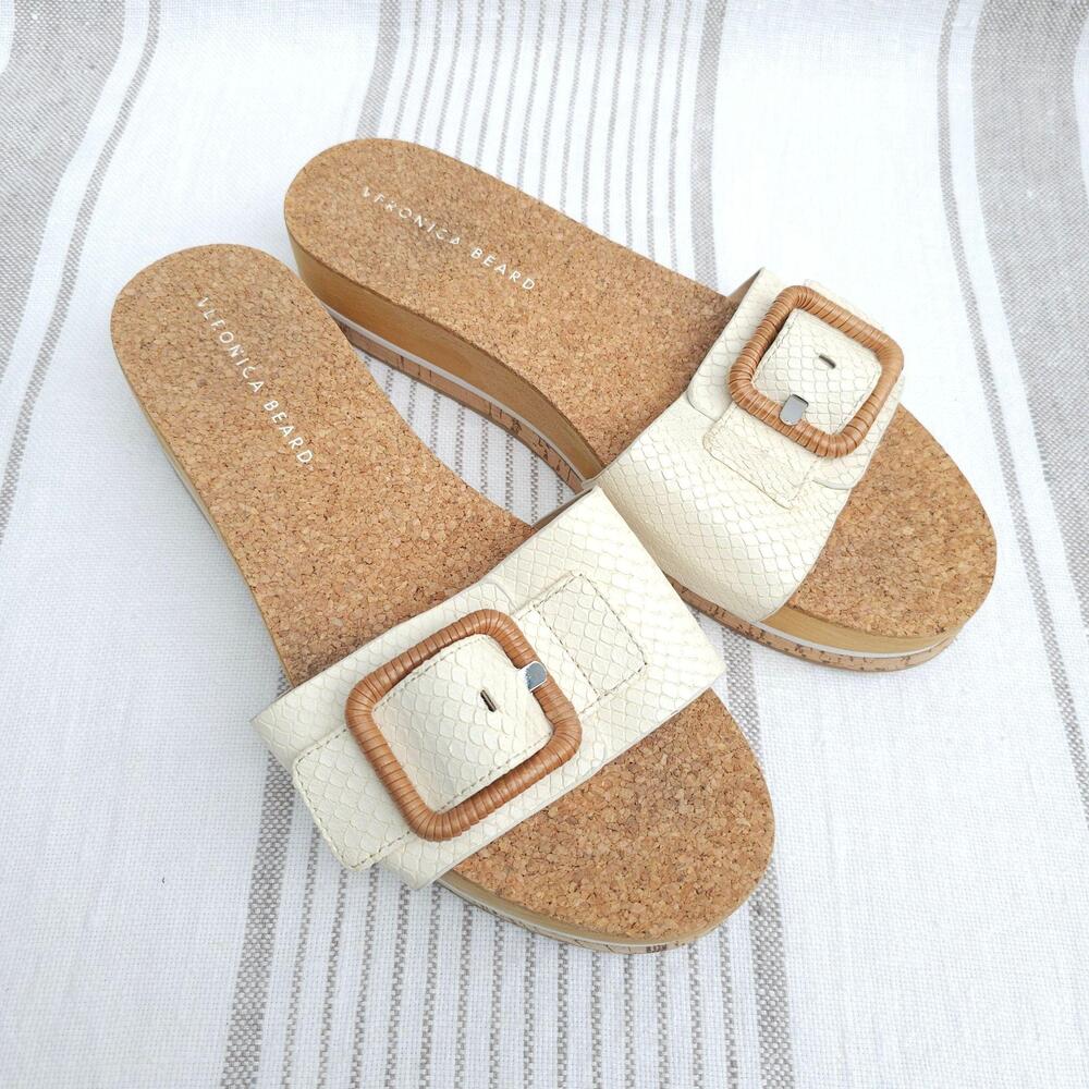 Veronica Beard Chessy Sandals Womens 9.5 White Leather Cork Slides Flat Snake